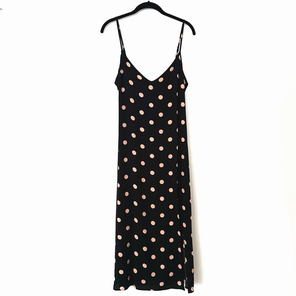 Reformation Black Slip Midi Dress with Beige Polka Dots